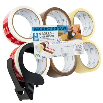 Imagen de Pack dispensador de Cinta Embalar con 6 Rollos Adhesiva Precinto Resistente Marrón, Frágil y Celo Transparente, Mudanzas, Transporte (Pequeño mixto)