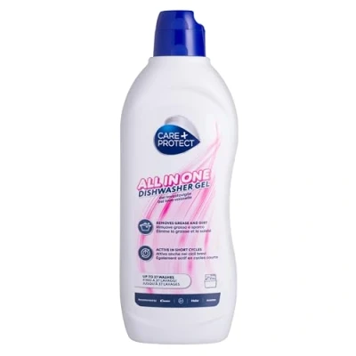 Imagen de CARE+PROTECT Gel para lavavajillas Todo en Uno: desengrasante, abrillantador, sal, elimina olores. Superpotente sobre la grasa y suciedad, también active ciclos cortos. Hasta 37 lavados, 750 ml.