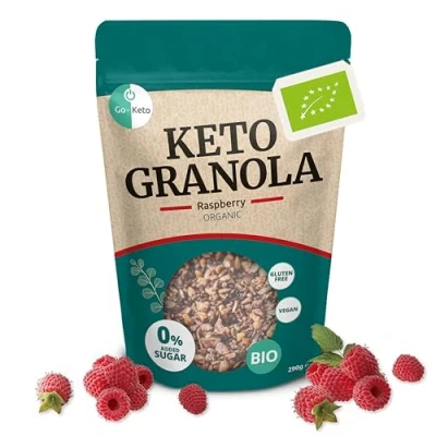 Imagen de Go Keto BIO Granola Raspberry 290g Low Carb Muesli para un delicioso desayuno keto, con chips de coco, nueces, frutas, semillas girasol y calabaza, vegan, sin gluten, lactosa