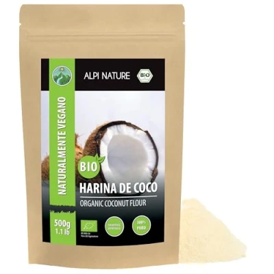 Imagen de Harina de coco orgánica (500g), ecológica, bio, calidad alimentos crudos cultivo orgánico controlado, sin gluten, lactosa, probado en laboratorio, vegano
