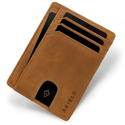 Imagen de AKIELO Tarjetero de Hombre Bloqueo RFID con Caja Regalo Cartera Ultrafina Minimalista (Bravo Edición Marrón Claro)
