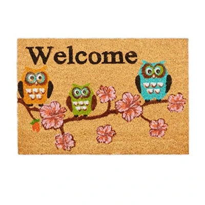 Imagen de Relaxdays Felpudo Coco Welcome, Estampados Búhos y Flores, Alfombrilla Entrada, Interior Exterior, 40 x 60 cm, Natural