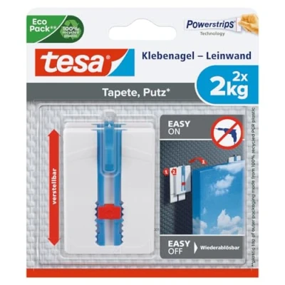 Imagen de clavo adhesivo tesa para lienzo, papel pintado y yeso, ajustable en altura, autoadhesivo, lienzos marcos bastidores, fuerza adhesiva 2 kg por se puede quitar sin dejar rastr
