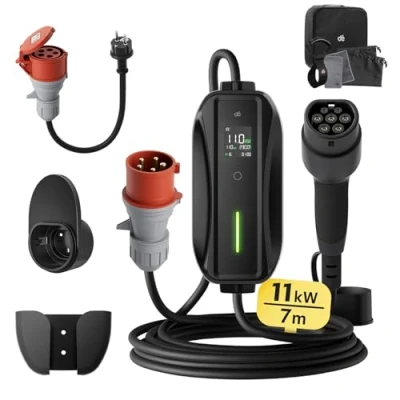 Imagen de dé Cargador EV 11kW, Coche Electrico 16a [3 Phase 7m 6 16A] Potencia de Carga Ajustable, estación móvil/Wallbox para Model 3/Y 500e, Spring y Otros EV/PHEV