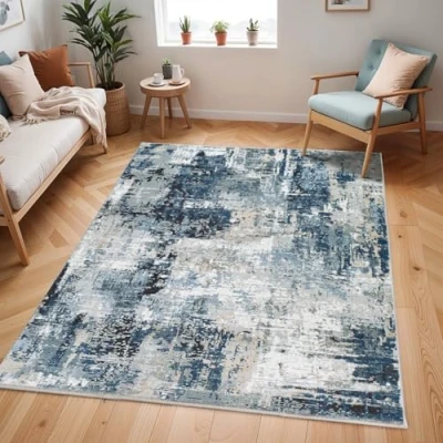 Imagen de Surya Alfombra Abstracta Paris de Pasillo para Cocina, Entrada Salon Pelo Corto, Suave y Lujosa Facil Cuidar Larga 80x220cm Azul, Gris Beige