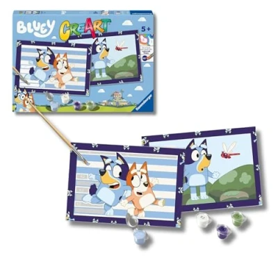 Imagen de Ravensburger CreArt Serie Junior: BLUEY, Kit para Pintar por Números, Contiene Dos Tablas Preimpresas, un Pincel, Colores, Juego Creativo Niños y Niñas 5+ Años