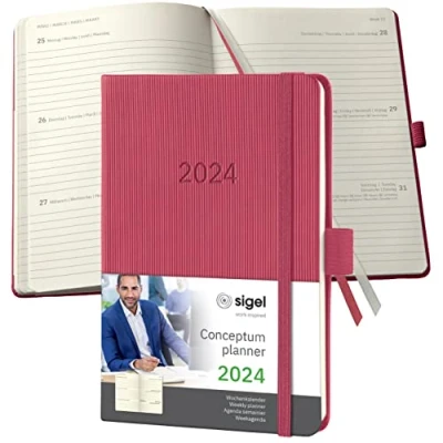 Imagen de SIGEL C2471 Conceptum Agenda semanal 2024, aprox. A6, rojo, tapa dura, dos páginas = una semana, 176