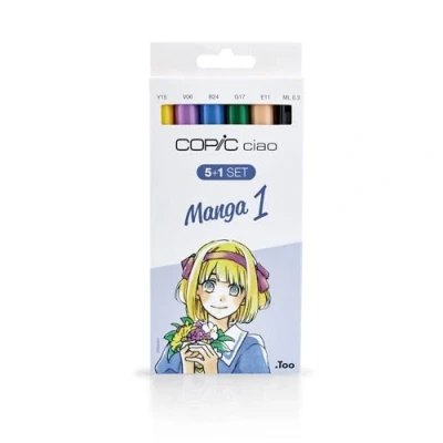 Imagen de COPIC Ciao 5+1 Set «Manga 1», 5 rotuladores dobles con punta mediana y de pincel, incl. Multiliner negro 0,3 mm
