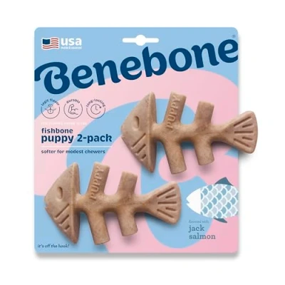 Imagen de Benebone Puppy Tiny Paquete de 2 Espinas Pescado indestructibles para masticadores Modestos, rompedor del aburrimiento la dentición Cachorros, Sabor a salmón Real, Perros Extra