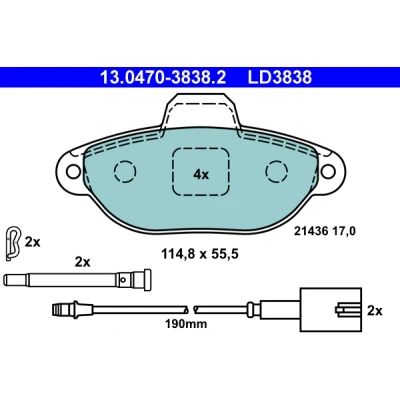 Imagen de ATE Ceramic 13.0470 3838.2 Juego de pastillas freno con contacto avisador desgaste accesorios FIAT: 500 Hatchback, FORD: KA Hatchback
