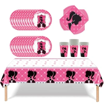 Imagen de Fuwraixis Vajilla para Fiesta de Niñas Rosa,Vajilla fiestas princesas,Vajilla Cumpleaños Niñas,20 Servilletas,20 Vasos Papel,20 Platos Papel,1 Mantel,Para 20 Personas