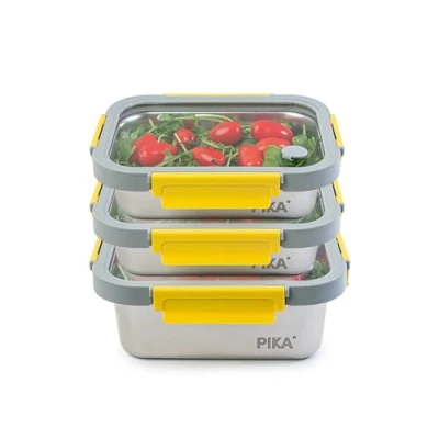 Imagen de PIKA Recipiente hermético para alimentos de acero inoxidable y tapa cristal templado ligera Compatible con microondas, horno, congelador MetalShock (Set 3 : 2x 820ml + 1200ml)