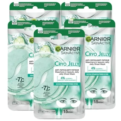 Imagen de Garnier SkinActive Cryo Jelly Máscara de contorno ojos tejido biodegradable antifatiga efecto hielo con ácido hialurónico, cuenta ojeras, fórmula vegana, 5 paquetes 1 aplicación