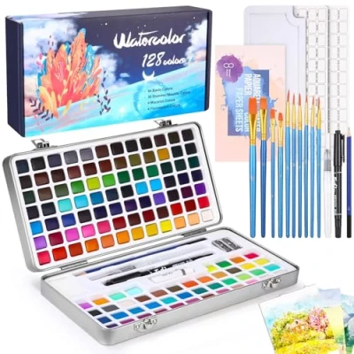 Imagen de Set de Acuarela 128 Colores en Caja Portátil Surtidos, con Herramientas Dibujo, Ideal para Artistas y Pintores Aficionados