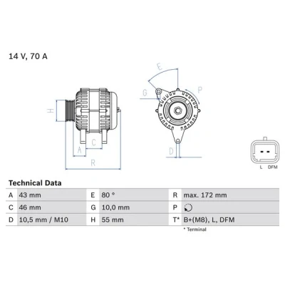 Imagen de BOSCH 0 986 049 370 Alternador 14V 70A CITROËN: Xsara Picasso, Berlingo / First I Furgón, II, PEUGEOT: 206 Hatchback, 207 Hatchback