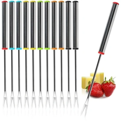 Imagen de COM FOUR® 12x tenedores para fondue de acero inoxidable cubiertos aptos lavavajillas brochetas con mango y tapa color (12 piezas colorido)