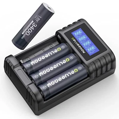Imagen de Delyeepow Pilas Recargables de Litio 1,5 V, 3400 mWh, 1500 ciclos, baterías Recargables, 4 Unidades con Cargador Inteligente LCD
