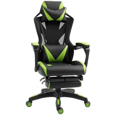Imagen de Vinsetto Silla Gaming Ergonómica de Escritorio para Oficina con Altura Ajustable Respaldo Regulable 170 Almohada Lumbar y Reposapiés Retráctil 65x70x117 125 cm Verde