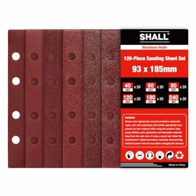 Imagen de SHALL 120 hojas de lija rectangulares, papel para lijadora 93x185 mm, almohadillas lijado con gancho y bucle 8 orificios, granos surtidos 40/60/80/120/180/240
