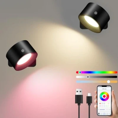 Imagen de Diealles Shine Smart Aplique Pared Interior 2 Piezas, Lampara Recargable, Regulable Apliques de Giratoria 360, RGB y Ambiente, Aplicación Control Táctil, Negro