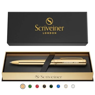 Imagen de Scriveiner pluma personalizada Dorada: de lujo con acabado en Chapado oro auténtico, recarga tinta Schmidt, set regalo grabado ideal para hombres y mujeres, personalizado