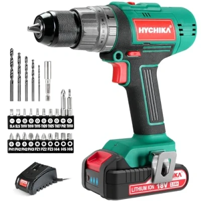 Imagen de HYCHIKA Taladro Percutor Atornillador 18V 45Nm, con 2.0 Ah Batería, 27 Accesorios, 21+3 Ajustes de Par, 2 velocidades ajustables,Cargador Rápido, Para Reparaciones en El Hogar