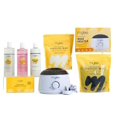 Imagen de Mylee Kit completo profesional de depilación con calentador cera, perlas cera dura 500 g, espátulas aplicadoras, gel cuidado pre y posterior, limpiador equipos (kit ambas bolsas