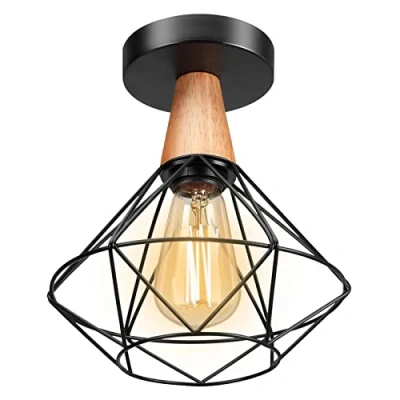 Imagen de LIGKIN Lámpara de Techo Vintage Industrial E27 Lamparas Retro Plafón Jaula en Hierro Iluminación Madera Interior para Dormitorio Restaurante Pasillo, Ø22CM