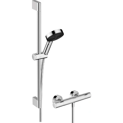 Imagen de hansgrohe Pulsify Select S, set de ducha ahorro agua con termostato para Ecostat Fine, mano 8,2 l/min (EcoSmart), barra 65 cm, flexo ducha, soporte cromo, 24262000
