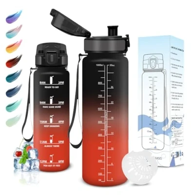 Imagen de Motswedi Botella Agua, 1000 ml sin BPA, de Reutilizable, Cantimplora, con Marcador Tiempo, Agua Gimnasio, para Niños, Deporte, Running, Bicicleta, Negro Rojo