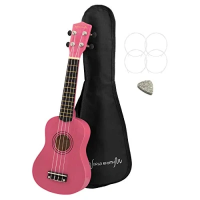 Imagen de World Rhythm ukelele soprano para principiantes, acabado en Reino Unido con bolsa de transporte, cuerdas repuesto y púa fieltro, rosa, estándar