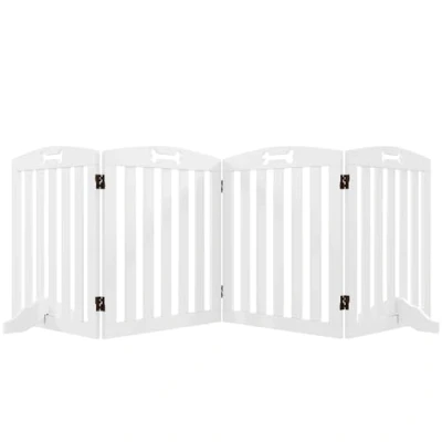 Imagen de PawHut Barrera de Seguridad para Perros Pequeños y Medianos Valla Plegable Rejilla Protección Chimenea 207,5 cm con Pies Extraíbles Escalera Pasillo Blanco