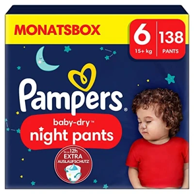 Imagen de Pampers Night Pants, tamaño 6, 138 capas, 15 kg+, mantenimiento de 360 contra fugas con un corazón súper absorbente para una protección reforzada toda la noche, paquete 1 mes