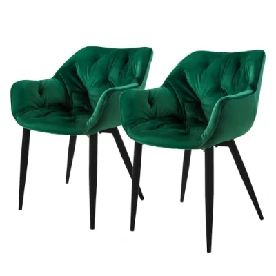 Imagen de ML Design Set 2X Sillas de Comedor con Respaldo y Reposabrazos Asiento Verde Oscuro Tapizado Funda Terciopelo Patas Metal Sillón Diseño Ergonómico Moderno para Salón, Escritorio o Cocina