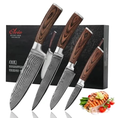 Imagen de Wakoli EDIB Juego de 4 cuchillos damasco con longitudes hoja 8,50 cm a 18,00 extremadamente afiladas 67 capas I profesional cocina auténtico acero mangos madera pakka