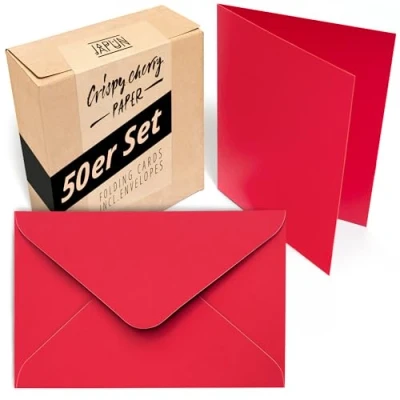 Imagen de Japun Juego de 50 tarjetas plegables et sobres, para diseñar, etiquetar o imprimir DIN A6 / C6 rojo