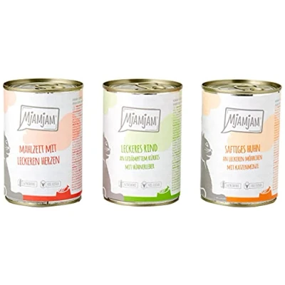 Imagen de MjAMjAM comida húmeda premium para gatos paquete mixto I pollo, ternera, corazones, de 6 (6 x 400 g), sin cereales con carne extra