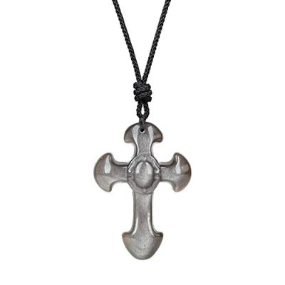 Imagen de COAI Collar Ajustable con Colgante Cruz de Obsidiana Plateada Piedra Natural para Hombres y Mujeres