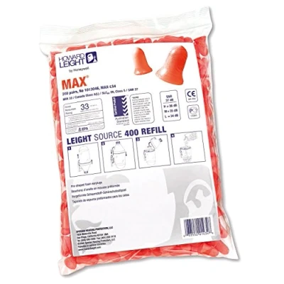 Imagen de Howard Leight Honeywell Max Tapones Desechables para los Oídos LS400 Recarga Despachador, Se Adapta a Todo Tamaño, Naranja, En Forma de Campana, Sin Cordón, SNR 37, 1013046 (Paquete 200 pares)