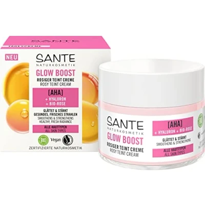 Imagen de SANTE Naturkosmetik crema de día Glow Boost para tez rosada, con AHA, ácido hialurónico y rosa orgánica, nutritiva una piel alisada radiante, un brillo instantáneo fresco,