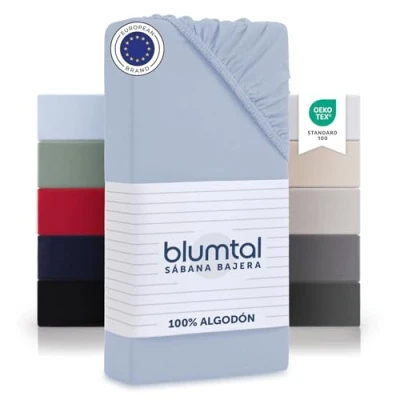 Imagen de Blumtal Sabana Bajera Algodon 100x200 cm Jersey sabanas bajeras de 100% sujeta certificada Oeko Tex 100 x 200 Celeste