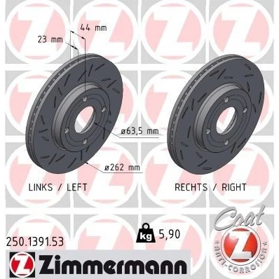Imagen de ZIMMERMANN 250.1391.53 Disco de freno 262 23 4/4 4 108 ventilación interna, ranurado revestido FORD: FIESTA 7
