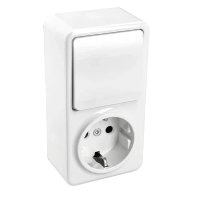 Imagen de Jandei Mecanismo Superficie Policarbonato Blanco, 10A 250V (Interruptor 2 circuitos + Enchufe Schuko)