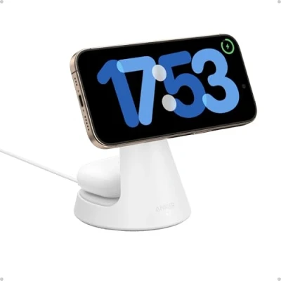 Imagen de Anker MagGo Soporte de Cargador 2 en 1 Compatible con MagSafe, Ultrarrápido 15 W Certificación Qi2, Ajustable y Superresistente para iPhone 16/15/14 Series, AirPods Pro Más (Adaptador No Incluido)