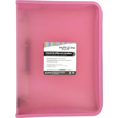Imagen de Grafoplás Archivador Anillas con Cremallera A4+ Rosa Claro Multiline 4 Mixtas 25mm Cubierta Polipropileno Rayado Vertical Capacidad Extra para Hojas de Papel Formato Folio