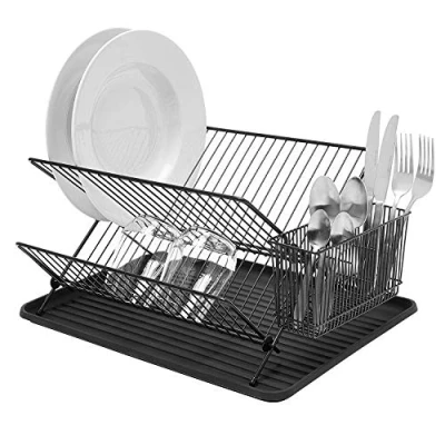Imagen de simplywire Escurreplatos Plegable Bandeja de Secado Platos con Soporte para Cubiertos Negro
