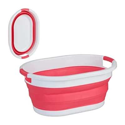 Imagen de Relaxdays Cesta Plegable Colada, 36 litros, Canasto Ropa Plástico, Compacto para Ahorrar Espacio, con Asas, Rosa/Blanco