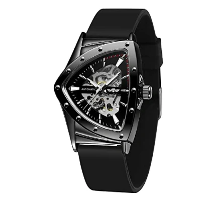 Imagen de FORSINING Reloj de pulsera mecánico triangular impermeable para hombre con correa silicona, Totalmente negro, Moderno
