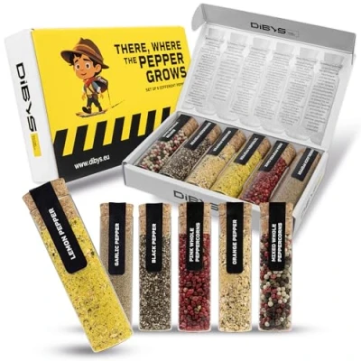 Imagen de DIBYS Set de Regalo Pimienta 6 Variaciones Exquisitas en Tubos Ensayo con Recetas Incluidas Mezcla Pimientas Emocionante y Diversa para Cocineros Aficionados