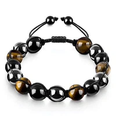 Imagen de Emibele 10mm Pulsera de Cuentas, Hematita Obsidiana Ojo Tigre para Aliviar la Ansiedad, Piedra Natural Hecha a Mano Ajustable Hombre Mujere, Gris + Negro Amarillo